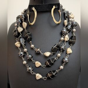 #48. Vintage Caged Stone Black and Cream Necklace & Silver Hoops Set